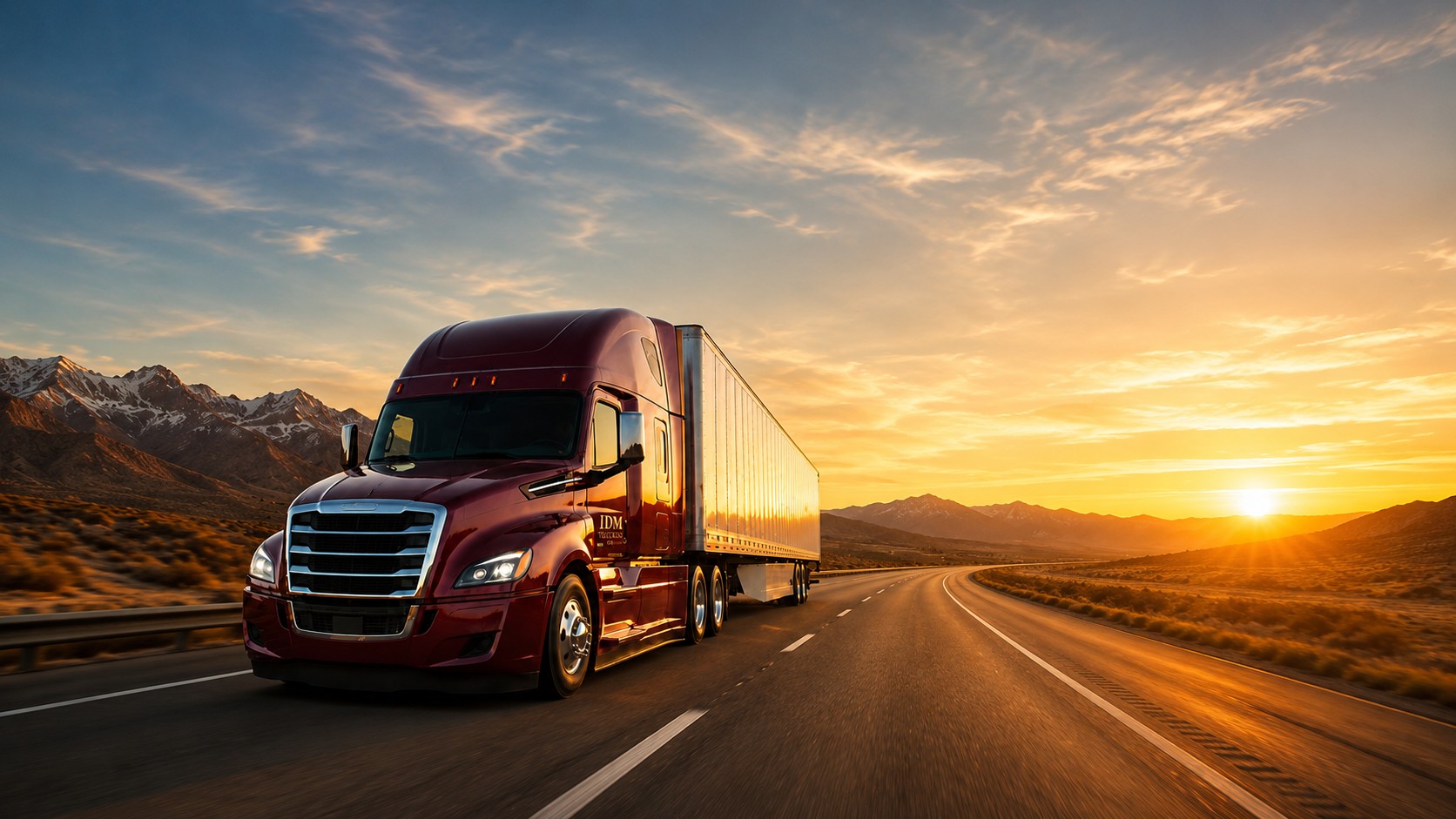 IDM Trucking maroon truck on the highway at sunset