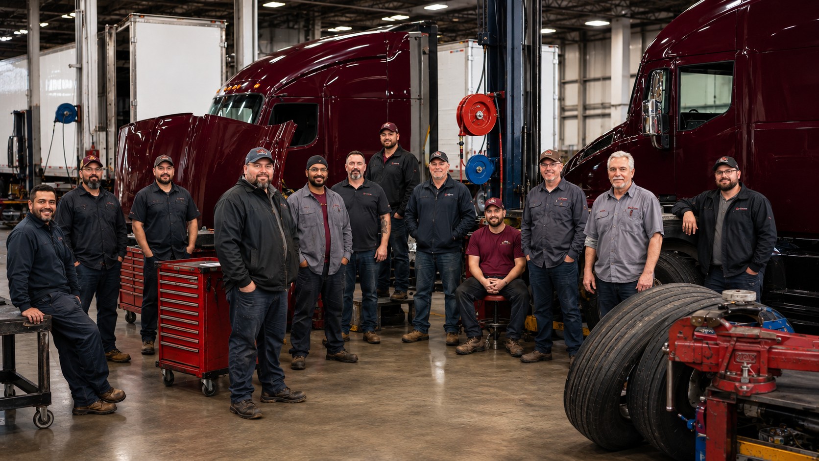 IDM Trucking maintenance team in the on-site shop with company trucks