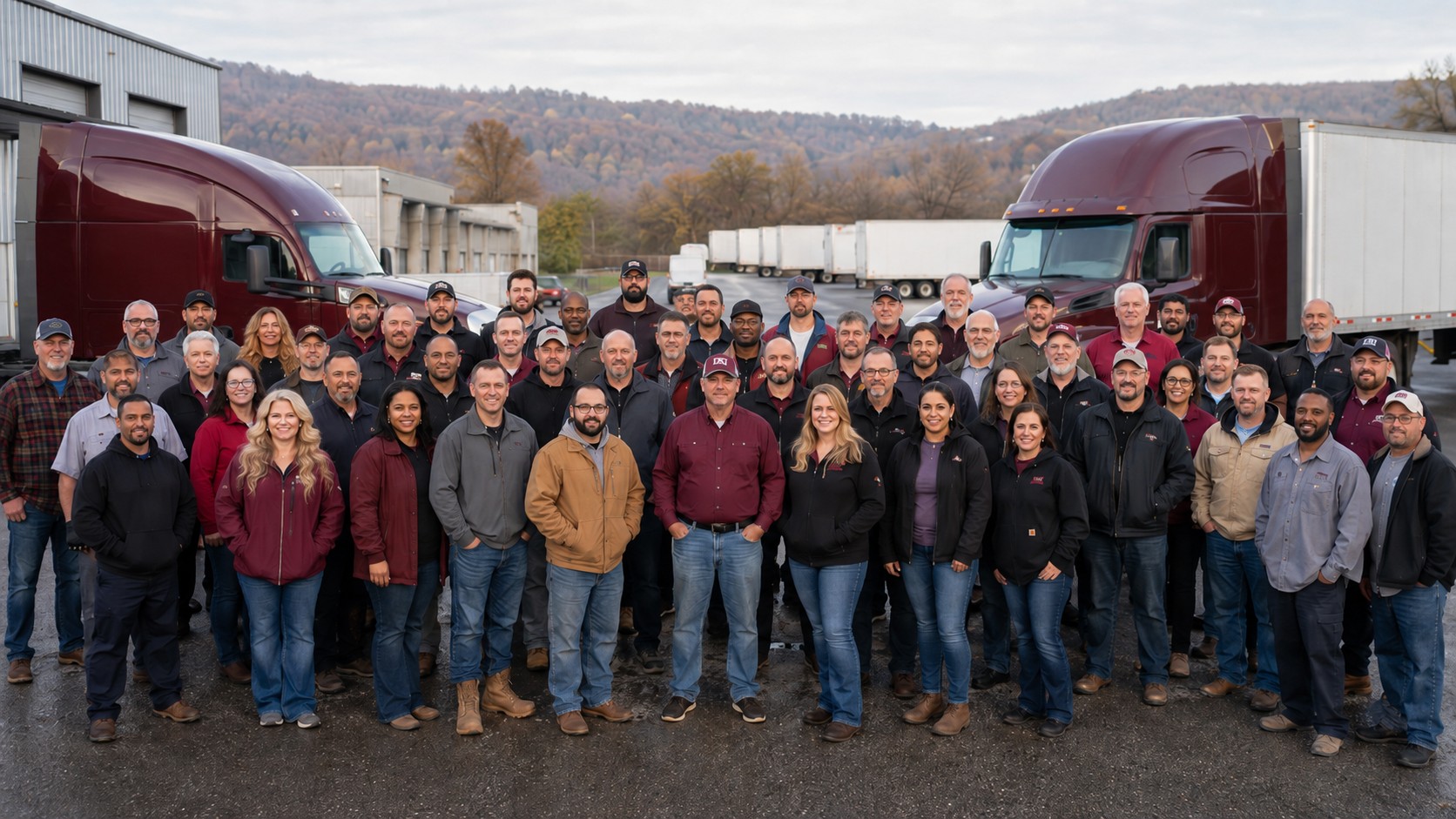 The IDM Trucking team of drivers and staff in front of company trucks
