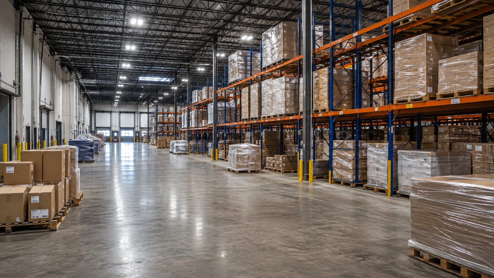 IDM Trucking warehouse with palletized freight and loading docks